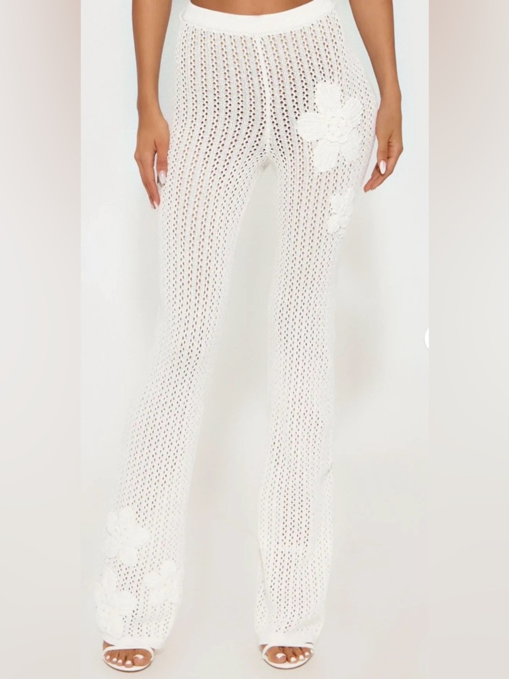 White Crochet Knit Flare Pants